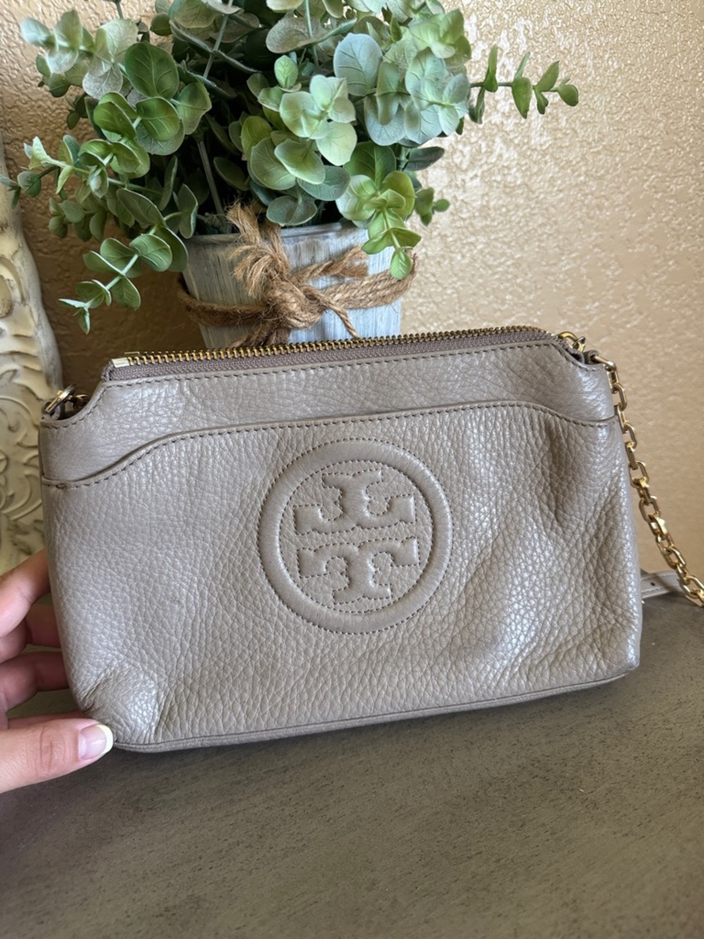Tory Burch Taupe Pebbled Leather Crossbody